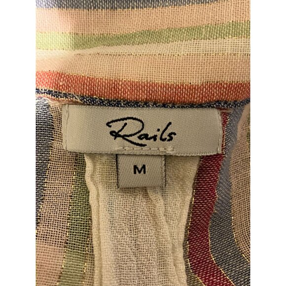 Rails Linen Blend Shirt M Crop Gold Trimmed Striped Gauzy Coastal Fairy Pastel - Picture 8 of 13